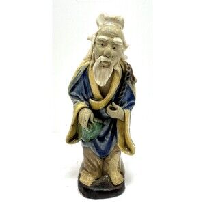 Chinese Porcelain Mudman, Blue Robe yellow Trim Beard and Bun green hat 5 in